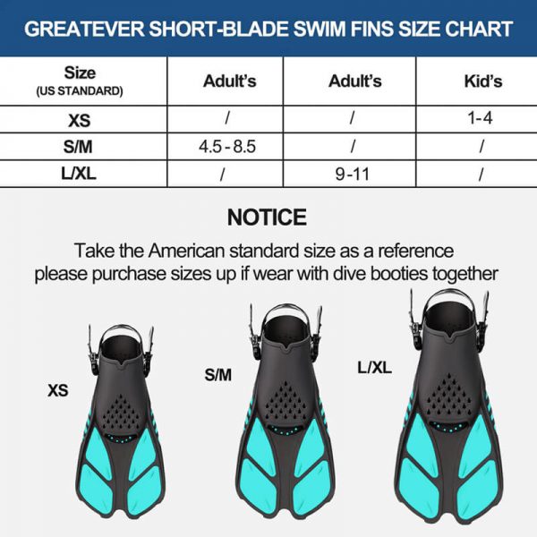 SKTIC SKF01 Black Green Snorkel Fin Size Chart