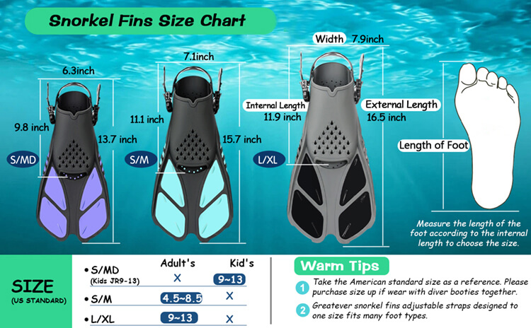 SKTIC SKF01 Glass Green Snorkel Fins Size Chart